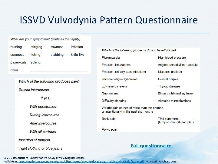 ISSVD Vulvodynia Pattern Questionnaire Full questionnaire ISVVD = International Society for the Study of