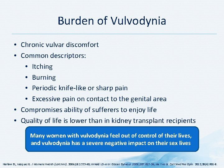 Burden of Vulvodynia • Chronic vulvar discomfort • Common descriptors: • Itching • Burning