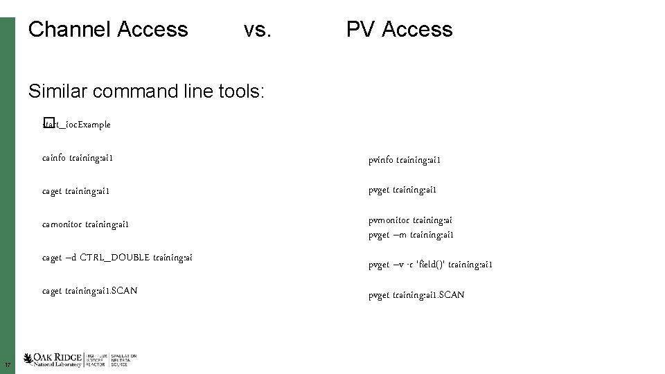 Channel Access vs. PV Access Similar command line tools: start_ioc. Example � cainfo training: