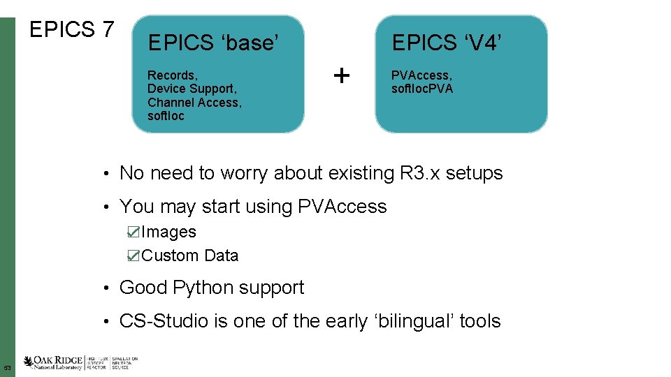 EPICS 7 EPICS ‘base’ Records, Device Support, Channel Access, soft. Ioc EPICS ‘V 4’