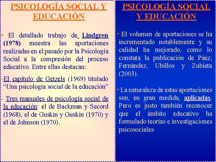 PSICOLOGÍA SOCIAL Y EDUCACIÓN • El detallado trabajo de Lindgren (1978) muestra las aportaciones