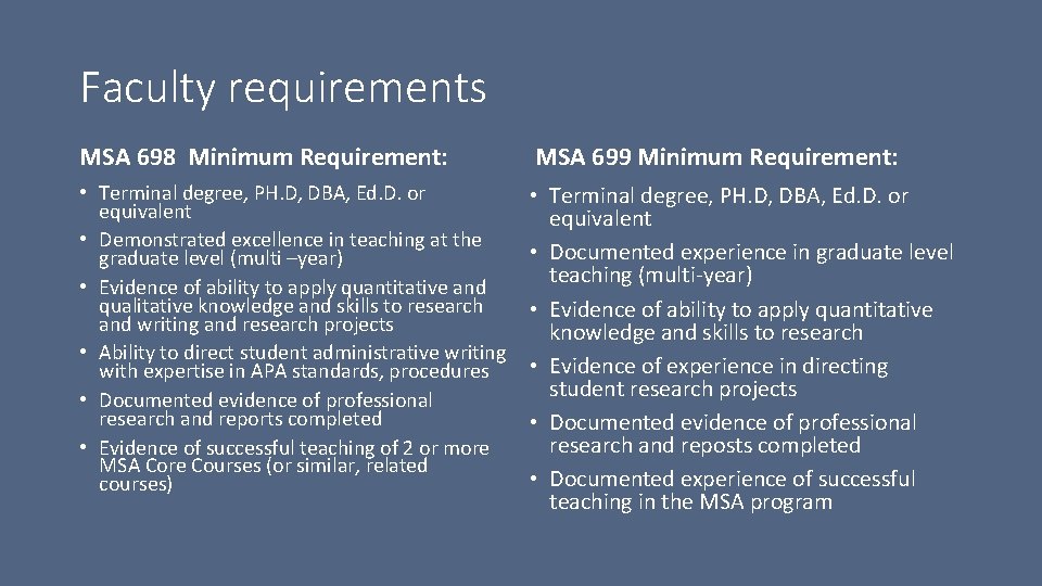 Faculty requirements MSA 698 Minimum Requirement: MSA 699 Minimum Requirement: • Terminal degree, PH.