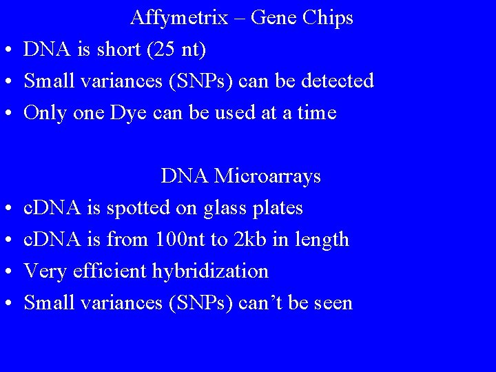 Affymetrix – Gene Chips • DNA is short (25 nt) • Small variances (SNPs)