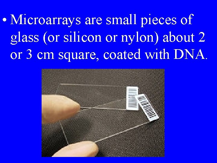  • Microarrays are small pieces of glass (or silicon or nylon) about 2