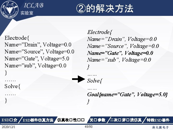 ②的解决方法 Electrode{ Name=”Drain”, Voltage=0. 0 Name=”Source”, Voltage=0. 0 Name=”Gate”, Voltage=5. 0 Name=”sub”, Voltage=0. 0