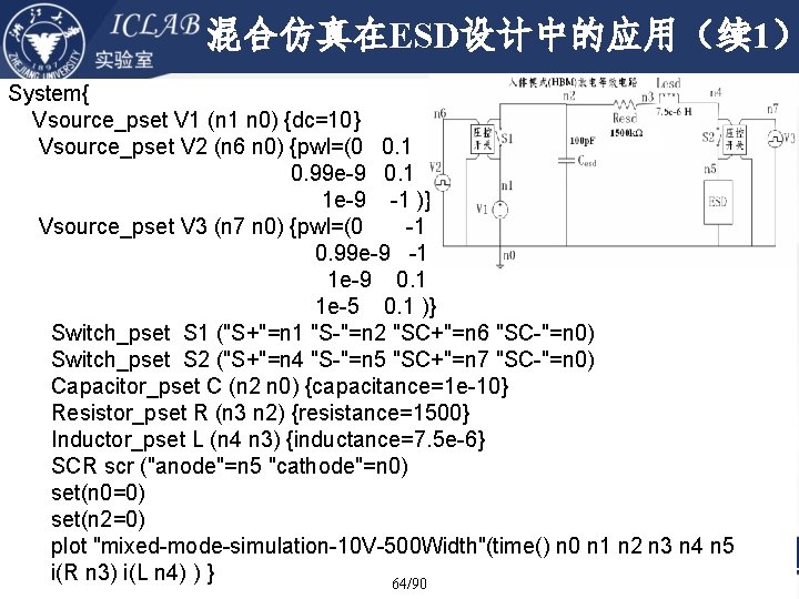 混合仿真在ESD设计中的应用（续 1） System{ Vsource_pset V 1 (n 1 n 0) {dc=10} Vsource_pset V 2