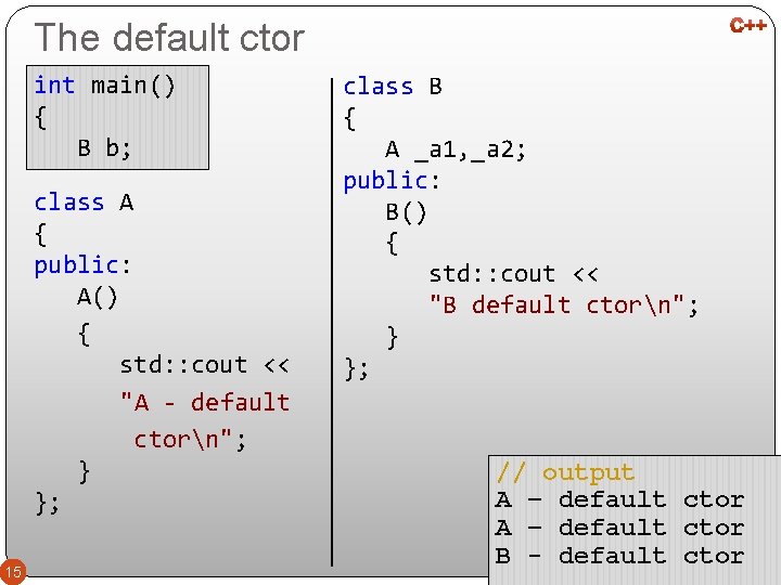 The default ctor int main() { B b; class A { public: A() {