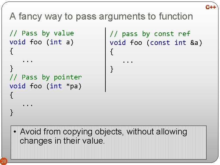 A fancy way to pass arguments to function // Pass by value void foo