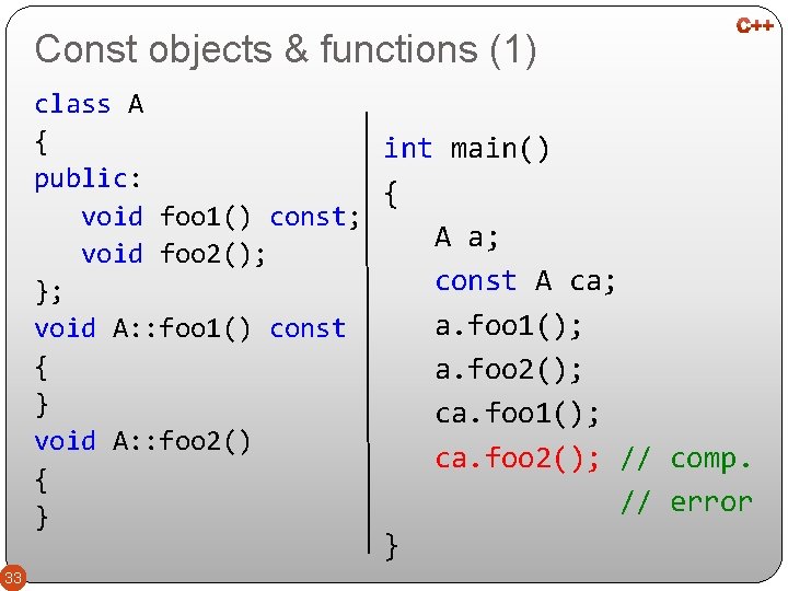 Const objects & functions (1) class A { int main() public: { void foo