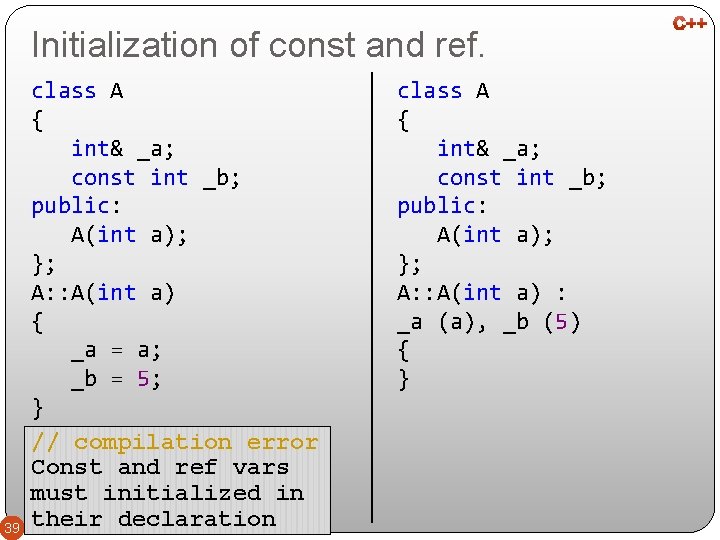 Initialization of const and ref. 39 class A { int& _a; const int _b;