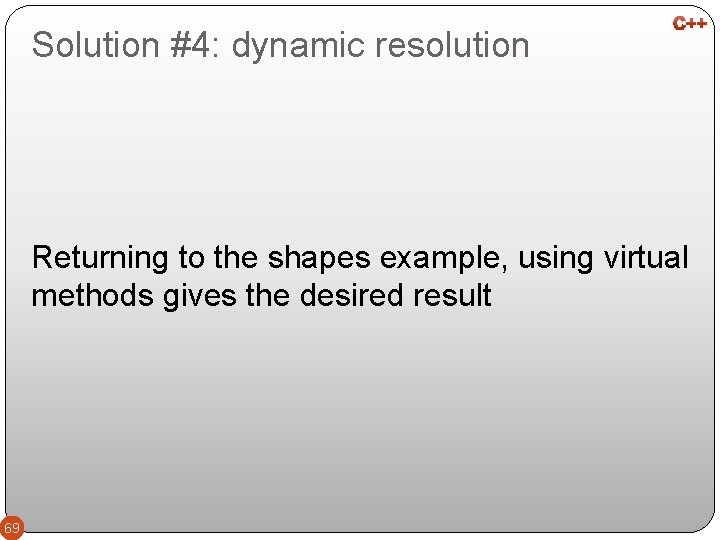 Solution #4: dynamic resolution Returning to the shapes example, using virtual methods gives the