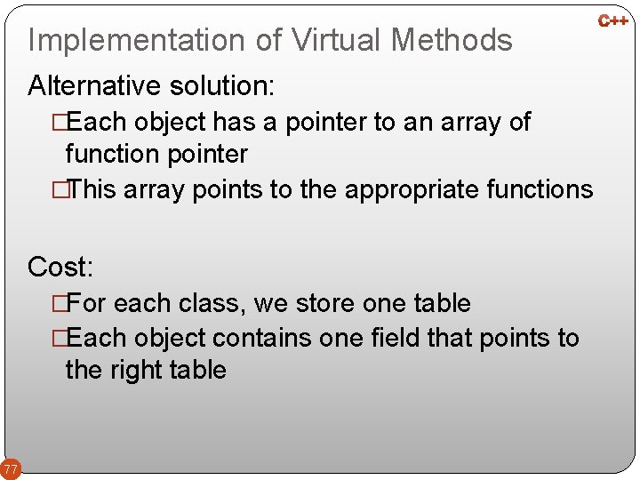 Implementation of Virtual Methods Alternative solution: �Each object has a pointer to an array