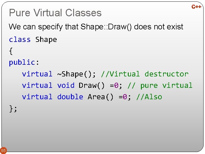 Pure Virtual Classes We can specify that Shape: : Draw() does not exist class