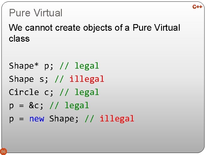 Pure Virtual We cannot create objects of a Pure Virtual class Shape* p; //