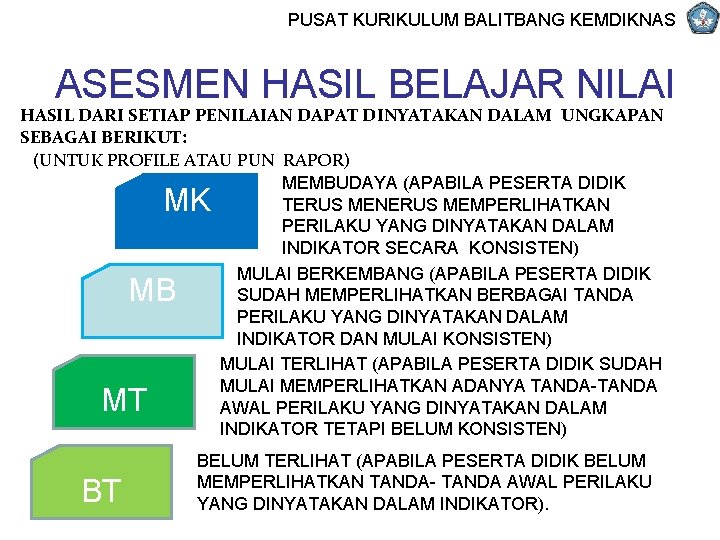 PUSAT KURIKULUM BALITBANG KEMDIKNAS ASESMEN HASIL BELAJAR NILAI HASIL DARI SETIAP PENILAIAN DAPAT DINYATAKAN