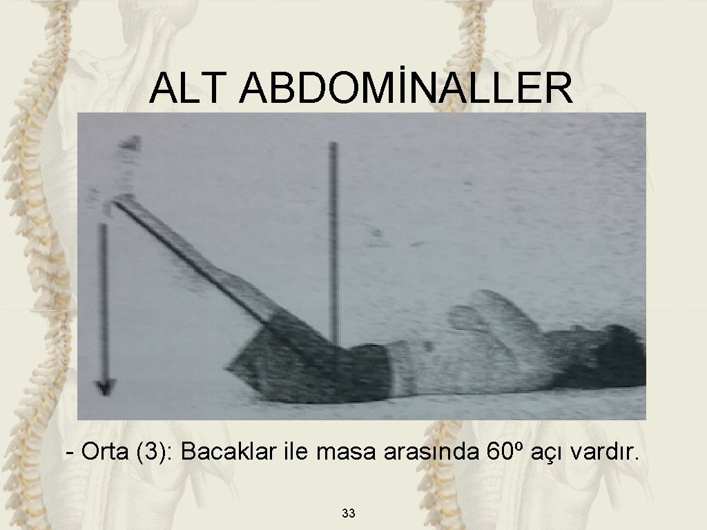 ALT ABDOMİNALLER - Orta (3): Bacaklar ile masa arasında 60º açı vardır. 33 