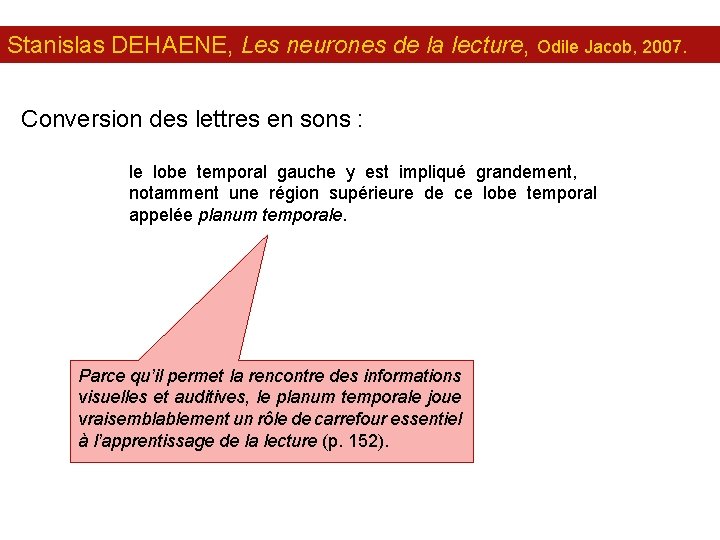 Stanislas DEHAENE, Les neurones de la lecture, Odile Jacob, 2007. Conversion des lettres en