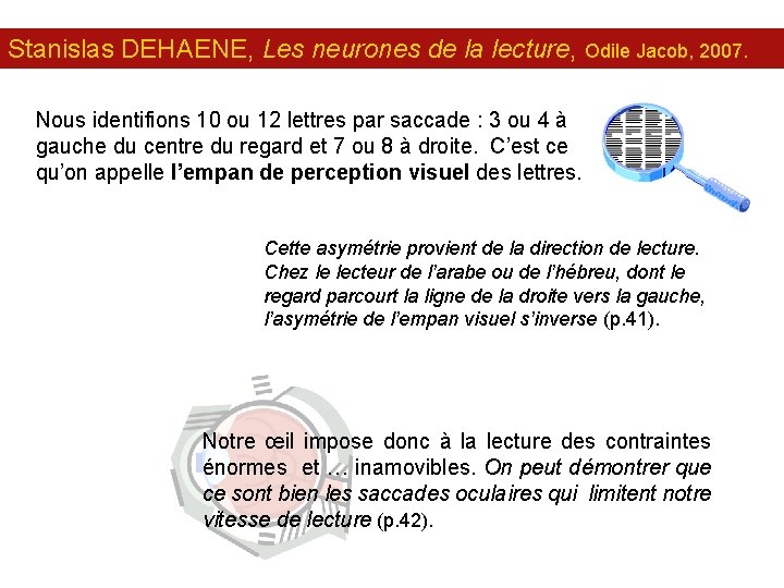 Stanislas DEHAENE, Les neurones de la lecture, Odile Jacob, 2007. Nous identifions 10 ou