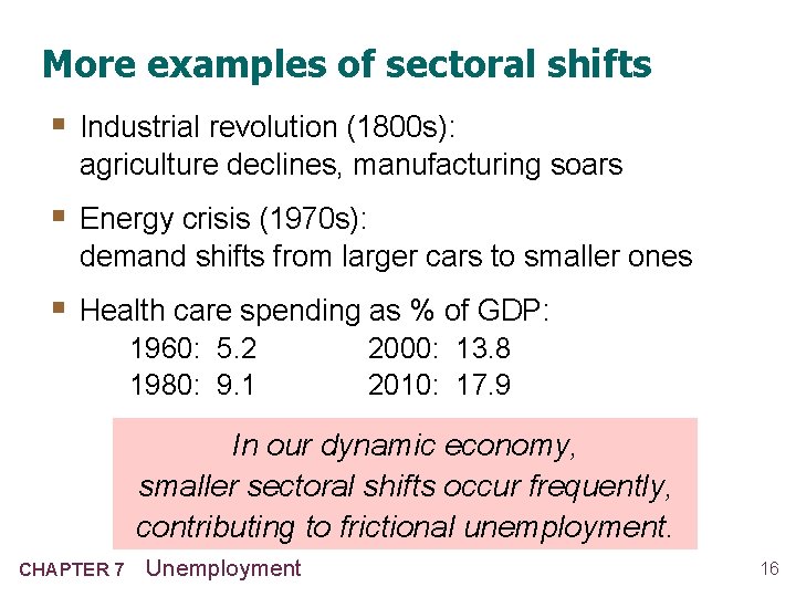 More examples of sectoral shifts § Industrial revolution (1800 s): agriculture declines, manufacturing soars