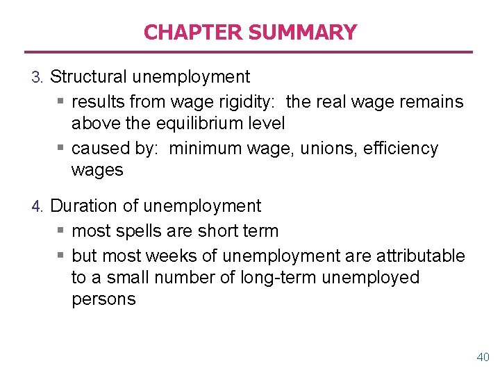 CHAPTER SUMMARY 3. Structural unemployment § results from wage rigidity: the real wage remains