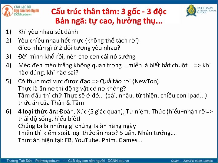 Cấu trúc thân tâm: 3 gốc - 3 độc Bản ngã: tự cao, hưởng