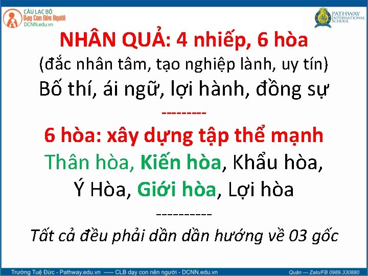 NH N QUẢ: 4 nhiếp, 6 hòa (đắc nhân tâm, tạo nghiệp lành, uy