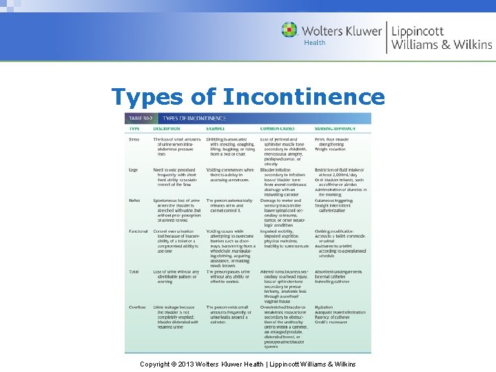 Types of Incontinence Copyright © 2013 Wolters Kluwer Health | Lippincott Williams & Wilkins Types of Incontinence Copyright © 2013 Wolters Kluwer Health | Lippincott Williams & Wilkins