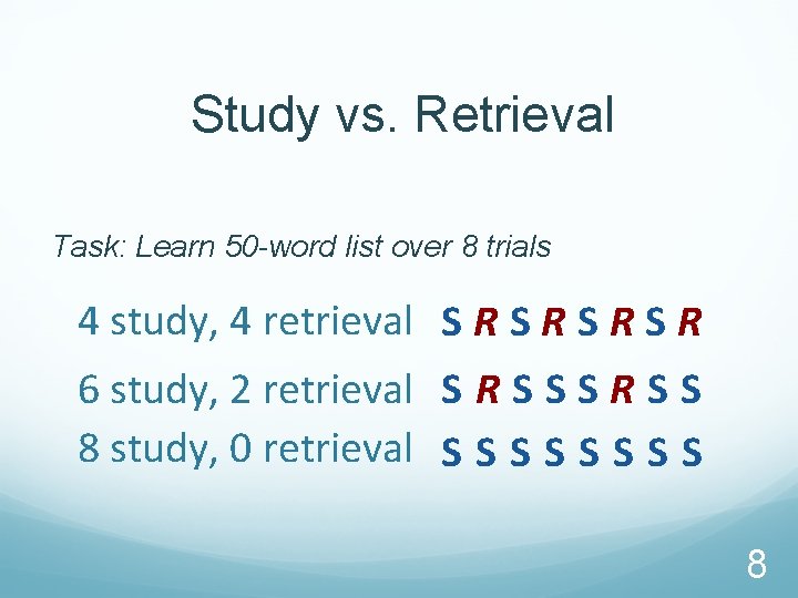 Study vs. Retrieval Task: Learn 50 -word list over 8 trials 4 study, 4
