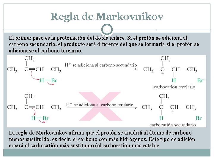 Regla de Markovnikov El primer paso es la protonación del doble enlace. Si el