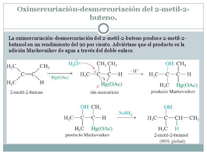 Oximercuriación-desmercuriación del 2 -metil-2 buteno. La oximercuriación-desmercuriación del 2 -metil-2 -buteno produce 2 -metil-2