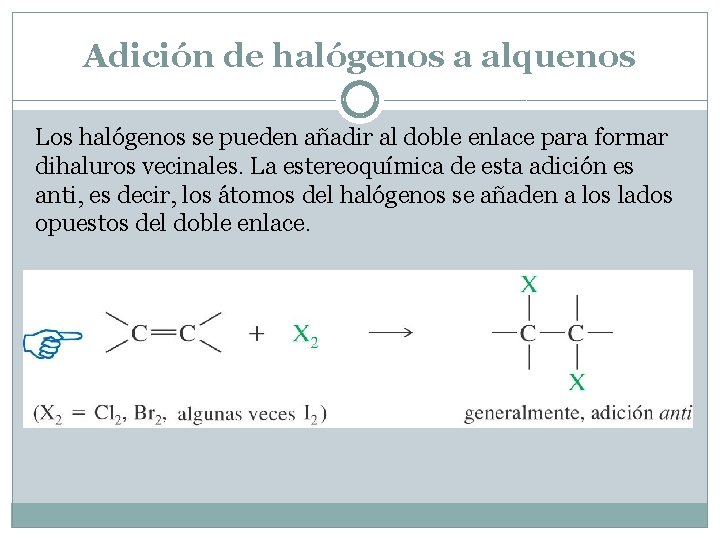 Adición de halógenos a alquenos Los halógenos se pueden añadir al doble enlace para