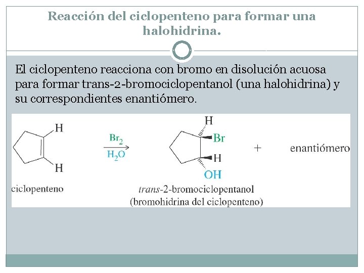 Reacción del ciclopenteno para formar una halohidrina. El ciclopenteno reacciona con bromo en disolución