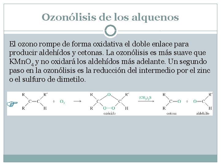 Ozonólisis de los alquenos El ozono rompe de forma oxidativa el doble enlace para