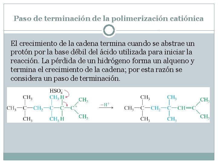 Paso de terminación de la polimerización catiónica El crecimiento de la cadena termina cuando