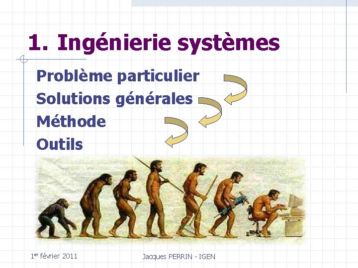 1. Ingénierie systèmes Problème particulier Solutions générales Méthode Outils 1 er février 2011 Jacques