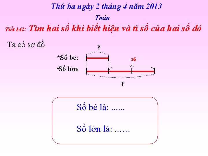 Thứ ba ngày 2 tháng 4 năm 2013 Toán Tiết 142: Tìm hai số