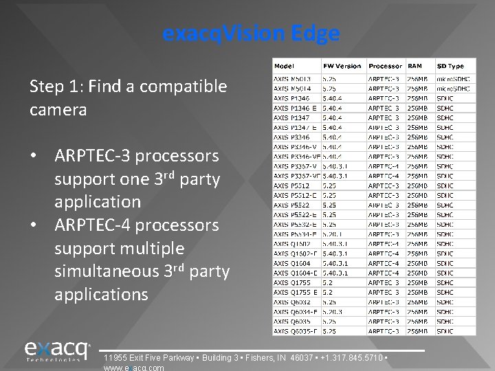 exacq. Vision Edge Step 1: Find a compatible camera • ARPTEC-3 processors support one