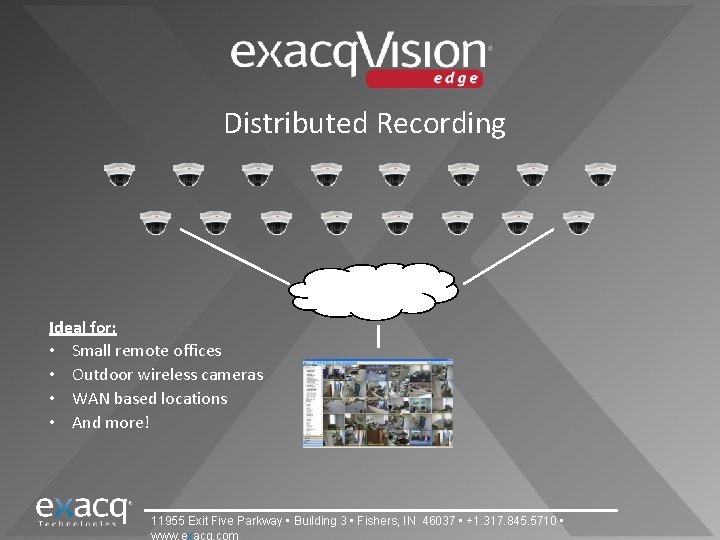 Distributed Recording Ideal for: • Small remote offices • Outdoor wireless cameras • WAN