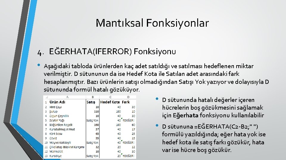 Mantıksal Fonksiyonlar 4. EĞERHATA(IFERROR) Fonksiyonu • Aşağıdaki tabloda ürünlerden kaç adet satıldığı ve satılması