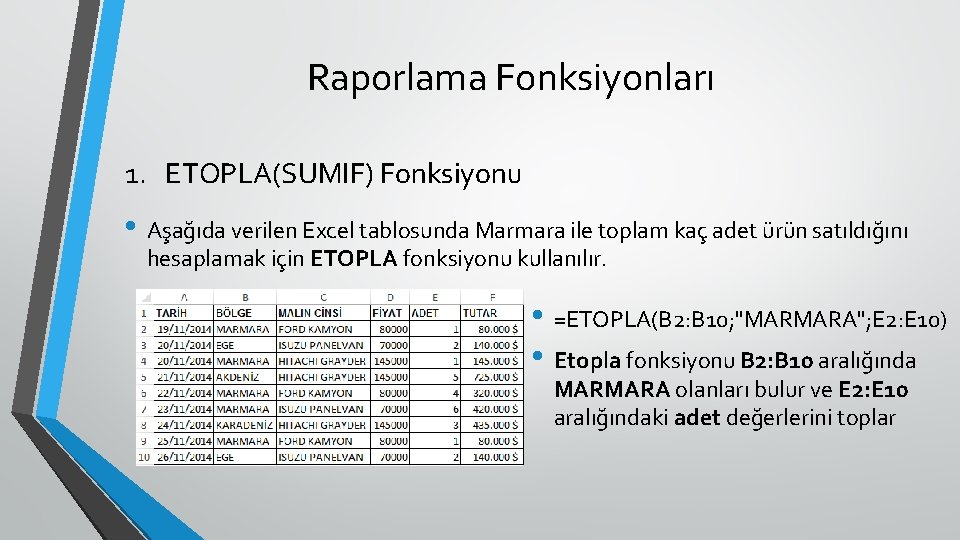 Raporlama Fonksiyonları 1. ETOPLA(SUMIF) Fonksiyonu • Aşağıda verilen Excel tablosunda Marmara ile toplam kaç