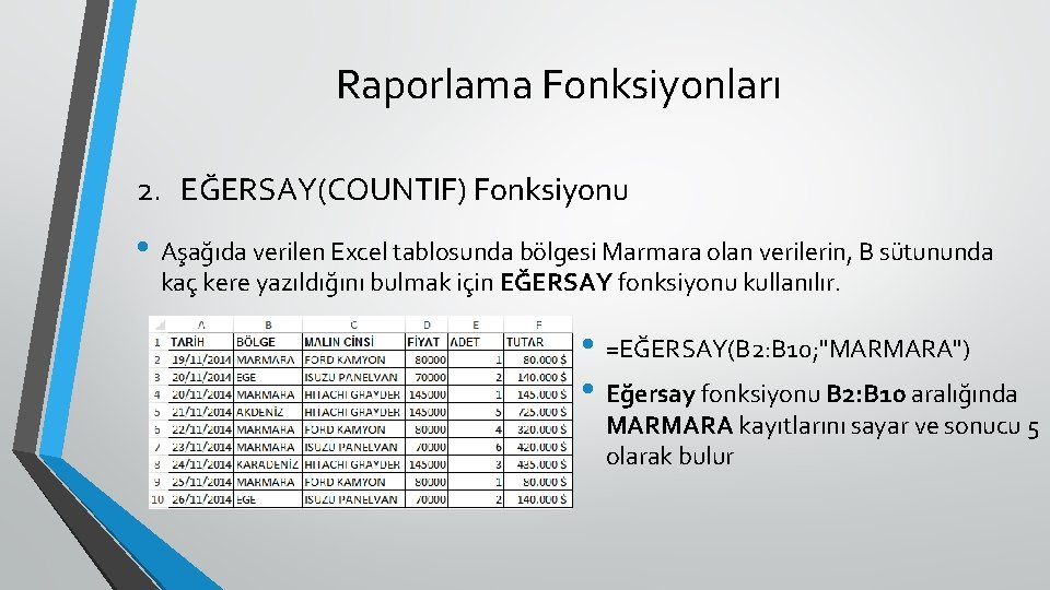 Raporlama Fonksiyonları 2. EĞERSAY(COUNTIF) Fonksiyonu • Aşağıda verilen Excel tablosunda bölgesi Marmara olan verilerin,