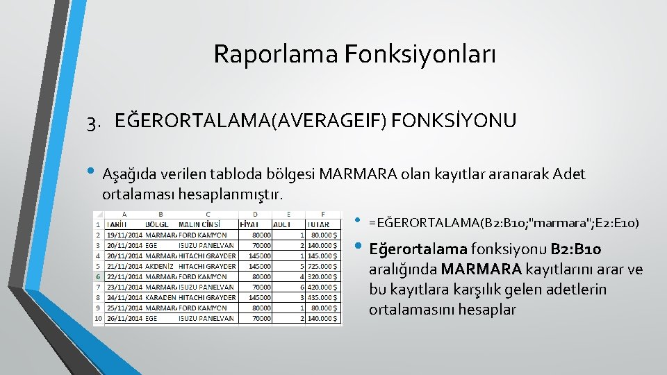 Raporlama Fonksiyonları 3. EĞERORTALAMA(AVERAGEIF) FONKSİYONU • Aşağıda verilen tabloda bölgesi MARMARA olan kayıtlar aranarak