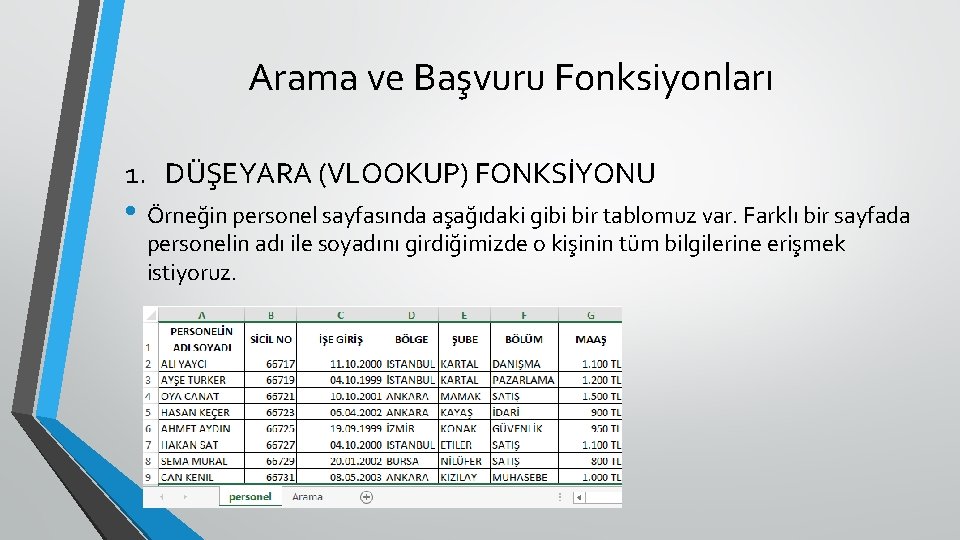 Arama ve Başvuru Fonksiyonları 1. DÜŞEYARA (VLOOKUP) FONKSİYONU • Örneğin personel sayfasında aşağıdaki gibi