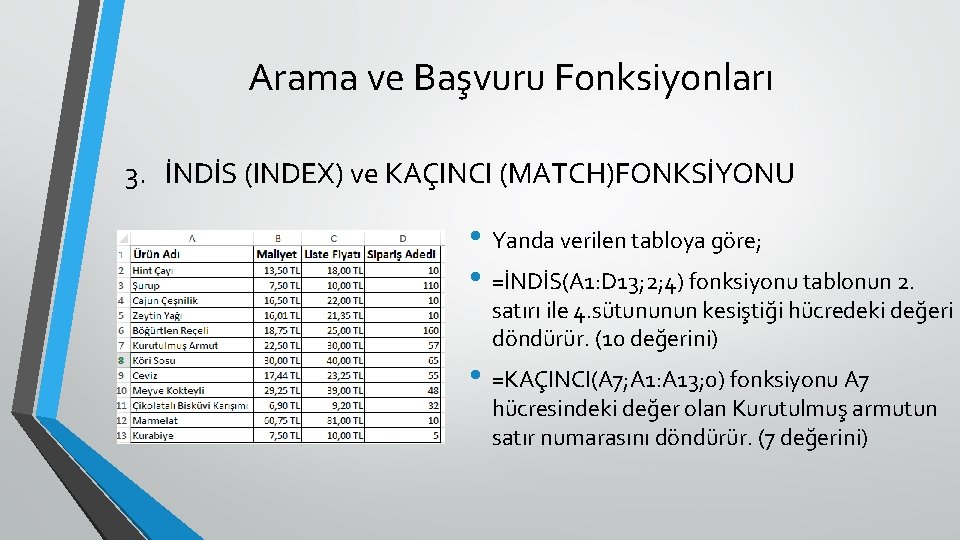 Arama ve Başvuru Fonksiyonları 3. İNDİS (INDEX) ve KAÇINCI (MATCH)FONKSİYONU • Yanda verilen tabloya