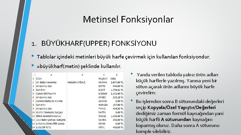 Metinsel Fonksiyonlar 1. BÜYÜKHARF(UPPER) FONKSİYONU • • Tablolar içindeki metinleri büyük harfe çevirmek için