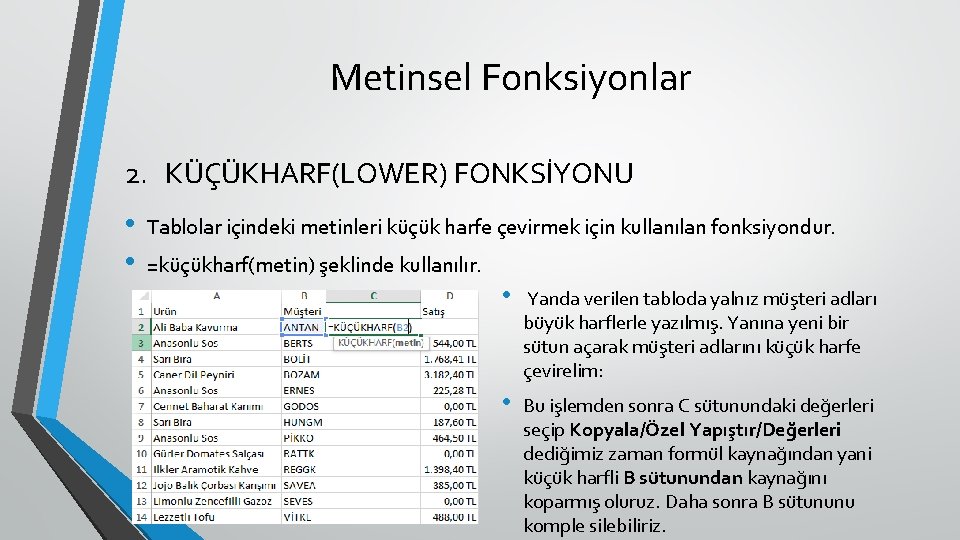 Metinsel Fonksiyonlar 2. KÜÇÜKHARF(LOWER) FONKSİYONU • • Tablolar içindeki metinleri küçük harfe çevirmek için