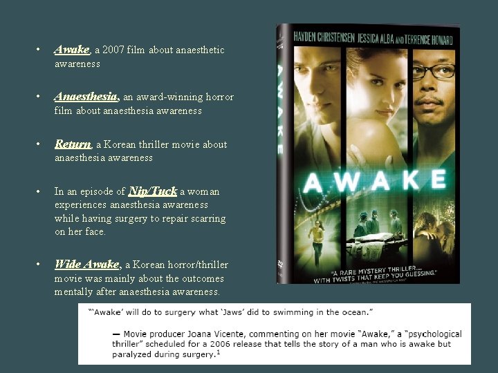  • Awake, a 2007 film about anaesthetic awareness • Anaesthesia, an award-winning horror