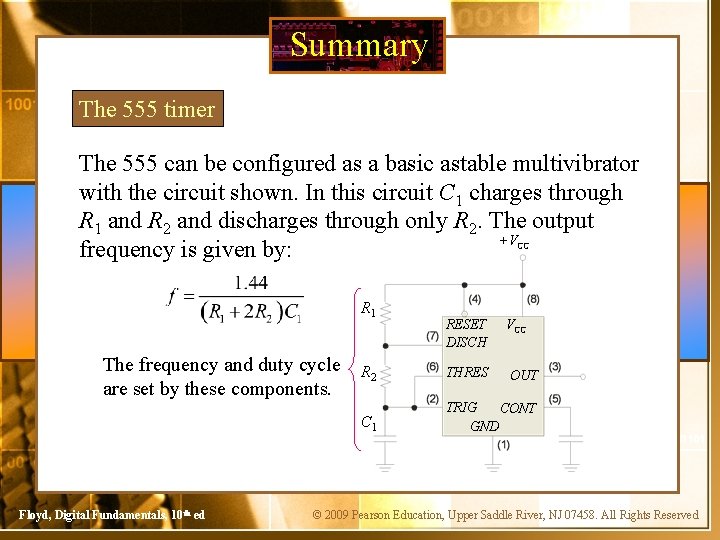 Summary The 555 timer The 555 can be configured as a basic astable multivibrator