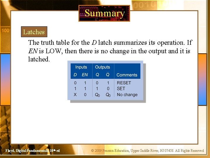 Summary Latches The truth table for the D latch summarizes its operation. If EN