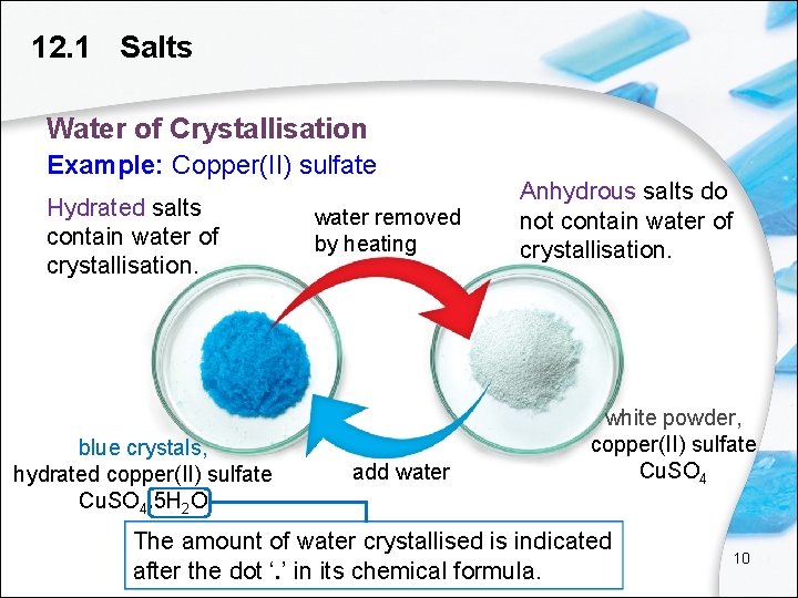 12. 1 Salts Water of Crystallisation Example: Copper(II) sulfate Hydrated salts contain water of
